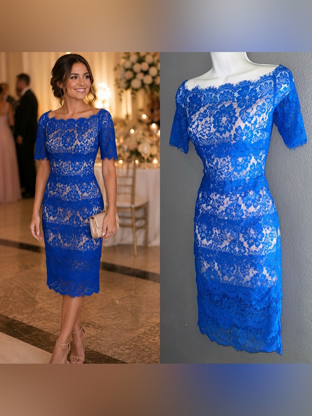Wow Couture Women’s Navy Blue Off the Shoulder Lace Floral Dress Small